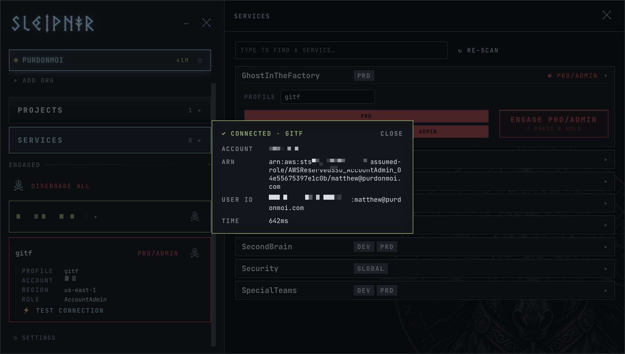The connection test modal showing a live CONNECTED result with account, ARN, and latency